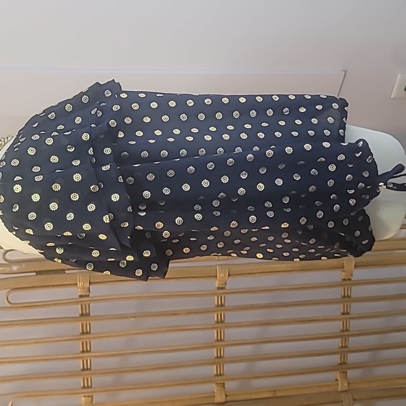 Michael Kors navy blue gold medallion print blouse ruffles bows sz XL sheer - Picture 6 of 10